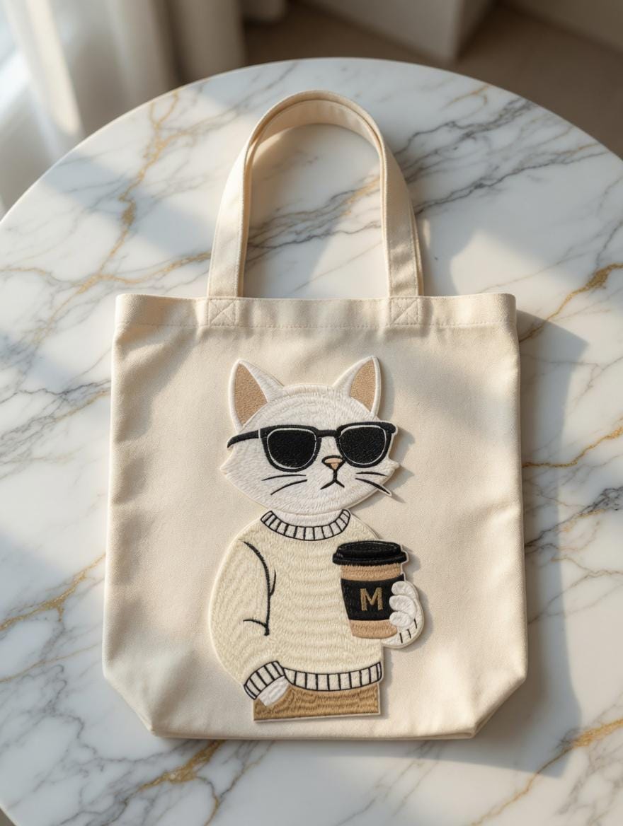 Embroidered Cat Coffee Tote Bag | Lover Canvas Shoulder Bag