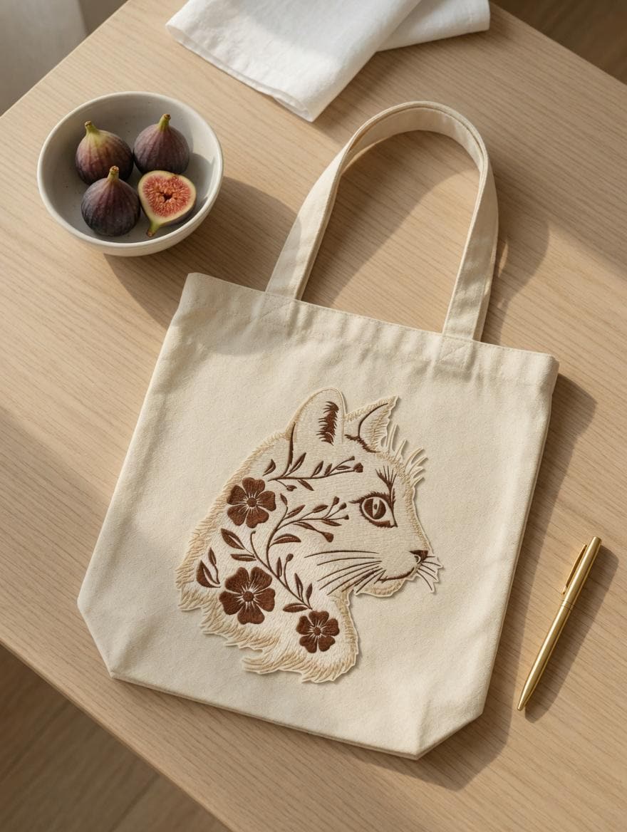 Custom Embroidered Cat Floral Tote Bag, Artistic Animal Canvas Shoulder Bag