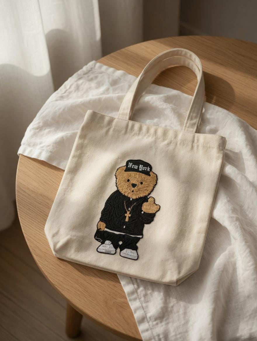 Custom Embroidered Teddy Bear Tote Bag | Street Style NY Canvas Shoulder Bag