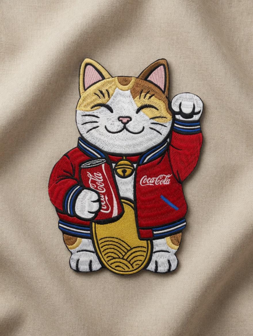 Custom Embroidered Lucky Cat Patch Maneki-neko Coca-Cola Iron-On Patch Fortune Cat Applique Gift Made to Order