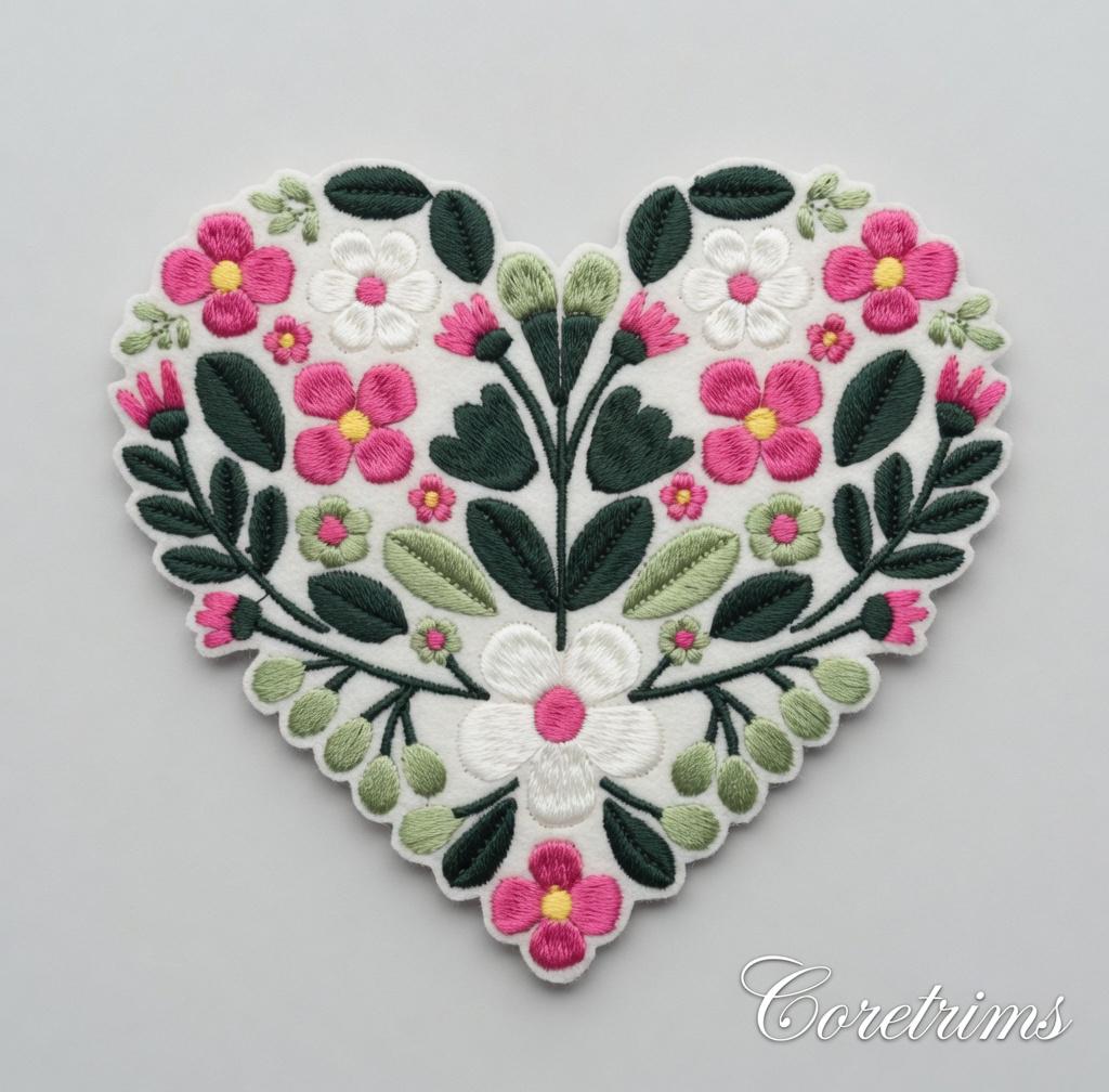 Floral Heart Patch – Hand Embroidered Pink Blossoms Badge (Iron-On)