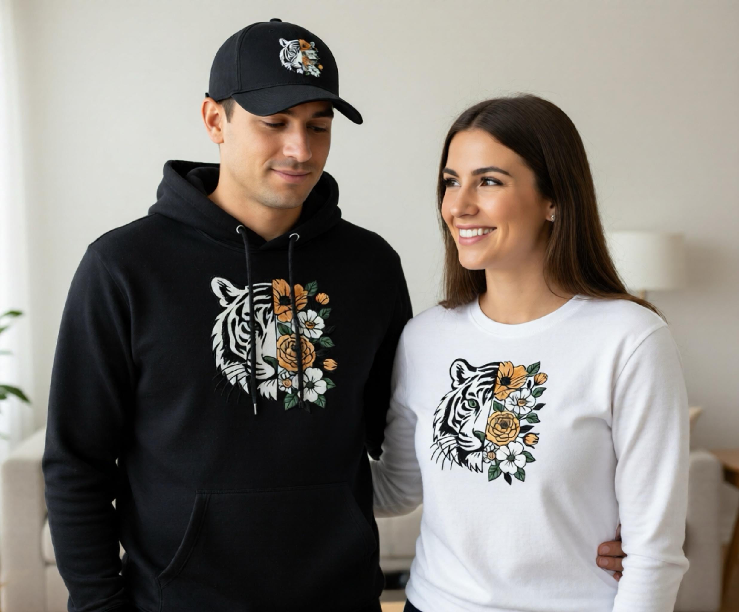 Embroidered Tiger Floral Sweatshirt / hoodie ,  Sepecial Day's Gift / Couple Hoodies