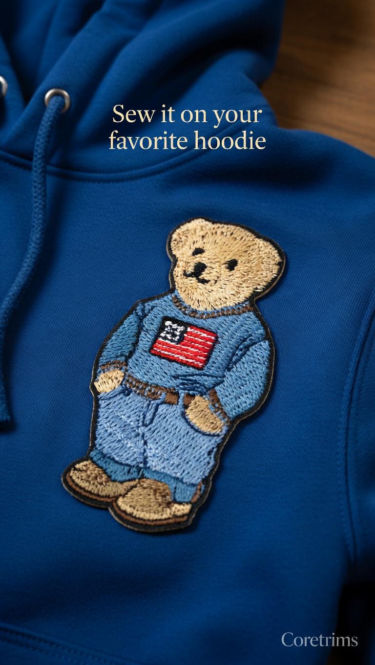 Monogram Hand Embroidered Polo Bear Patch – Blue Sweater USA Flag, Sew On Jacket Patch
