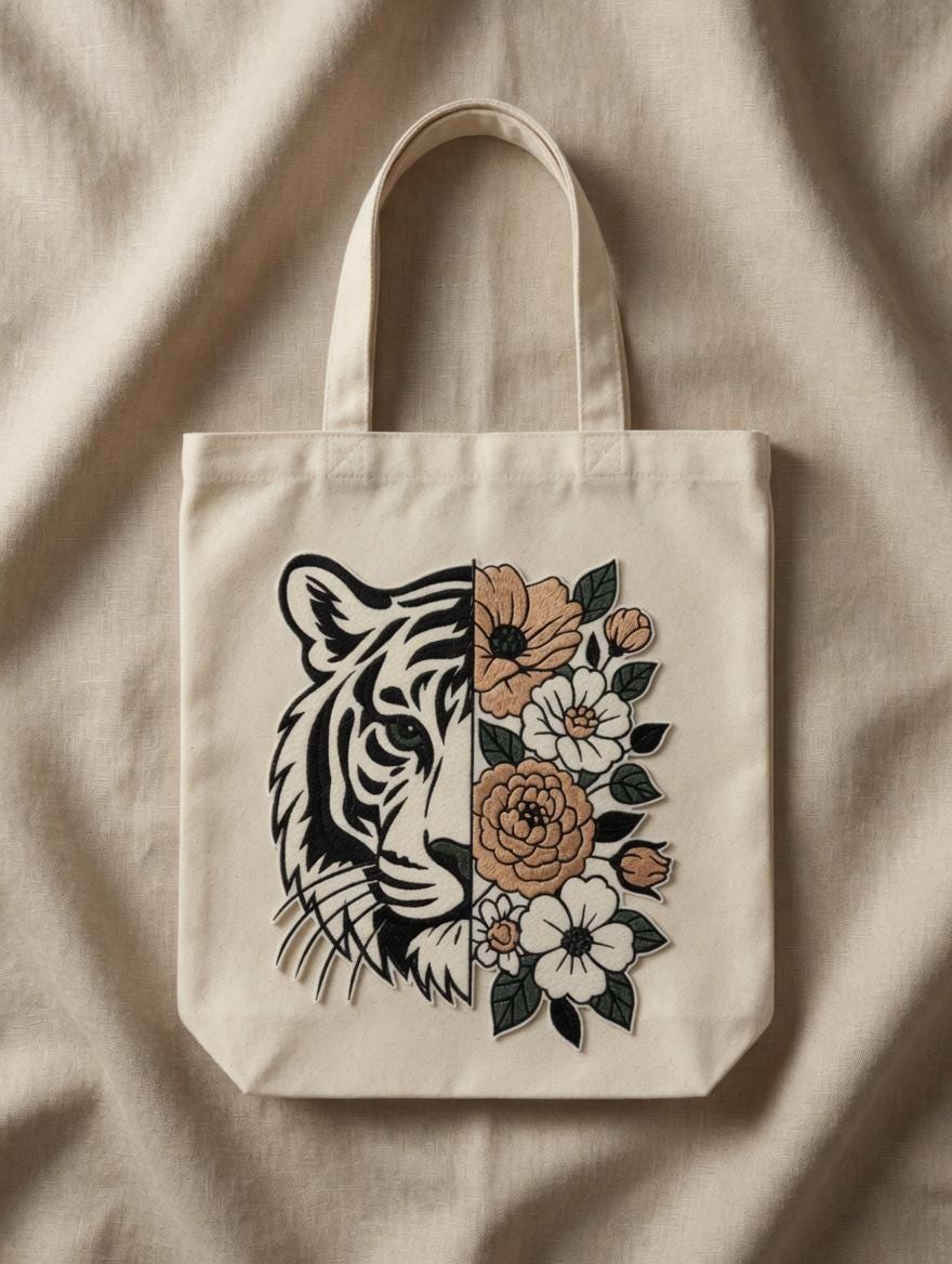 Embroidered Tiger Floral Tote Bag: Artistic Canvas Shoulder Bag