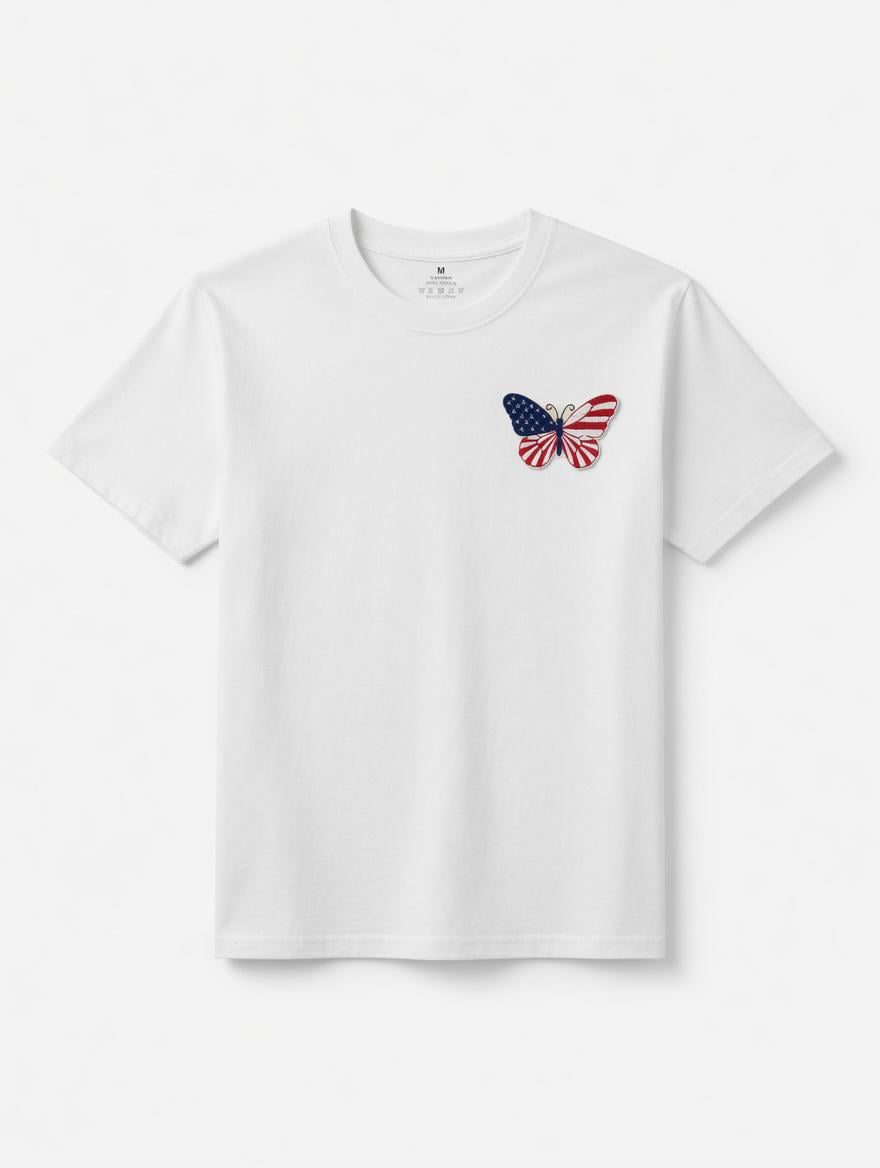 July 4 Independence Day Gift  Custom Embroidered American Flag Butterfly Cotton T-Shirt