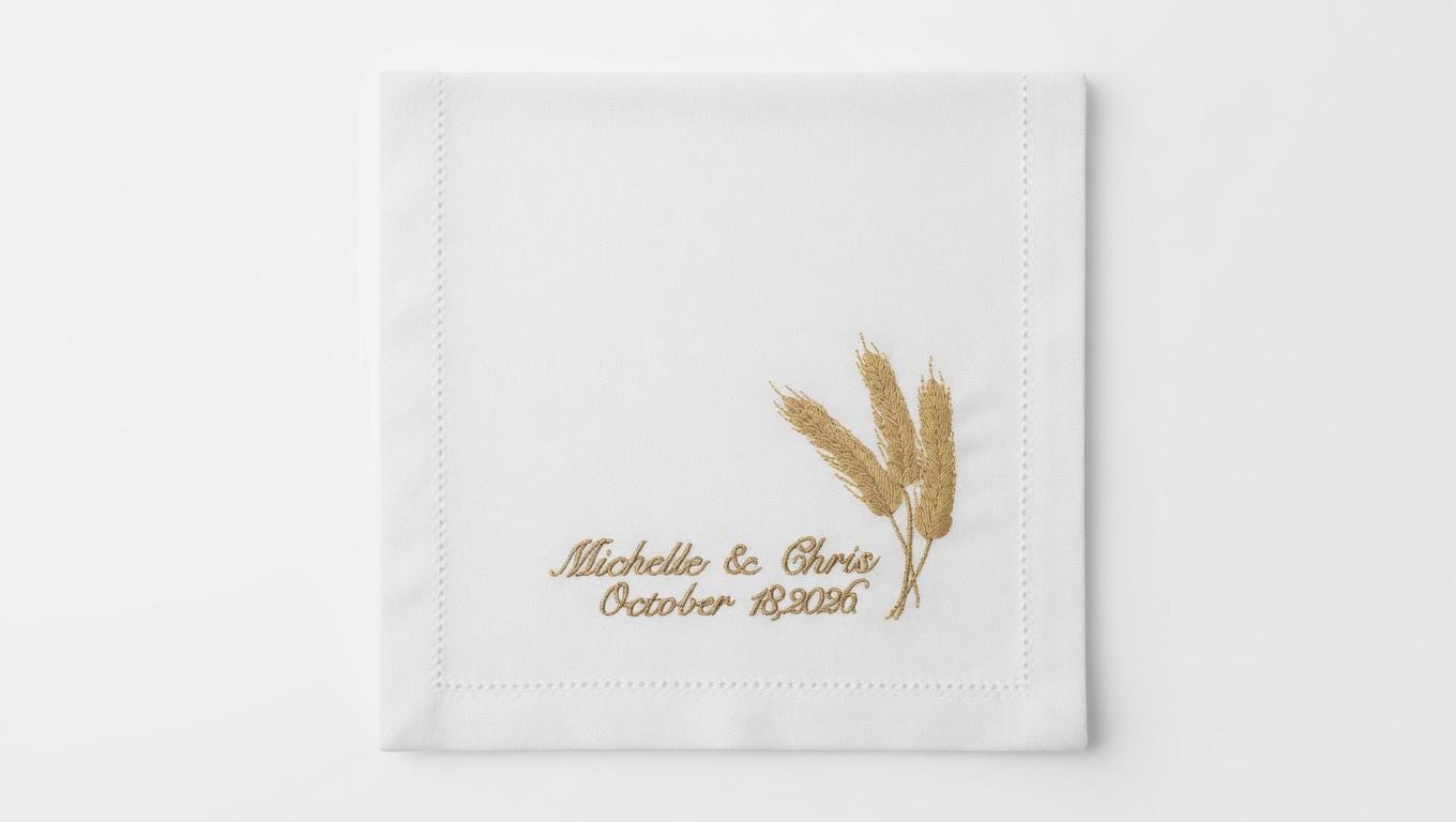 Custom Embroidered Linen Napkin: Golden Wheat Stalks, Couple Names, Wedding Date set of two