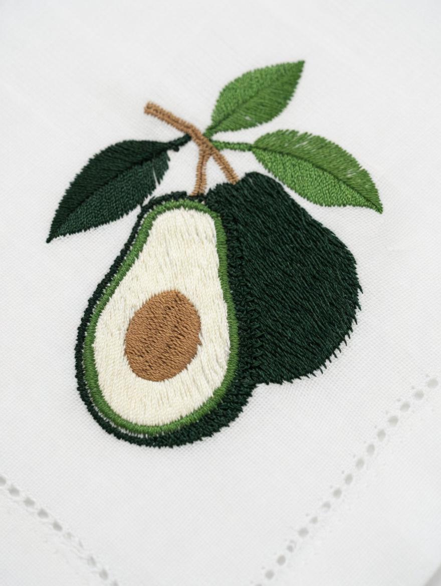 Embroidered Linen Napkin | Avocado with Leaves, Hemstitch Border, Beach Theme Table Decor