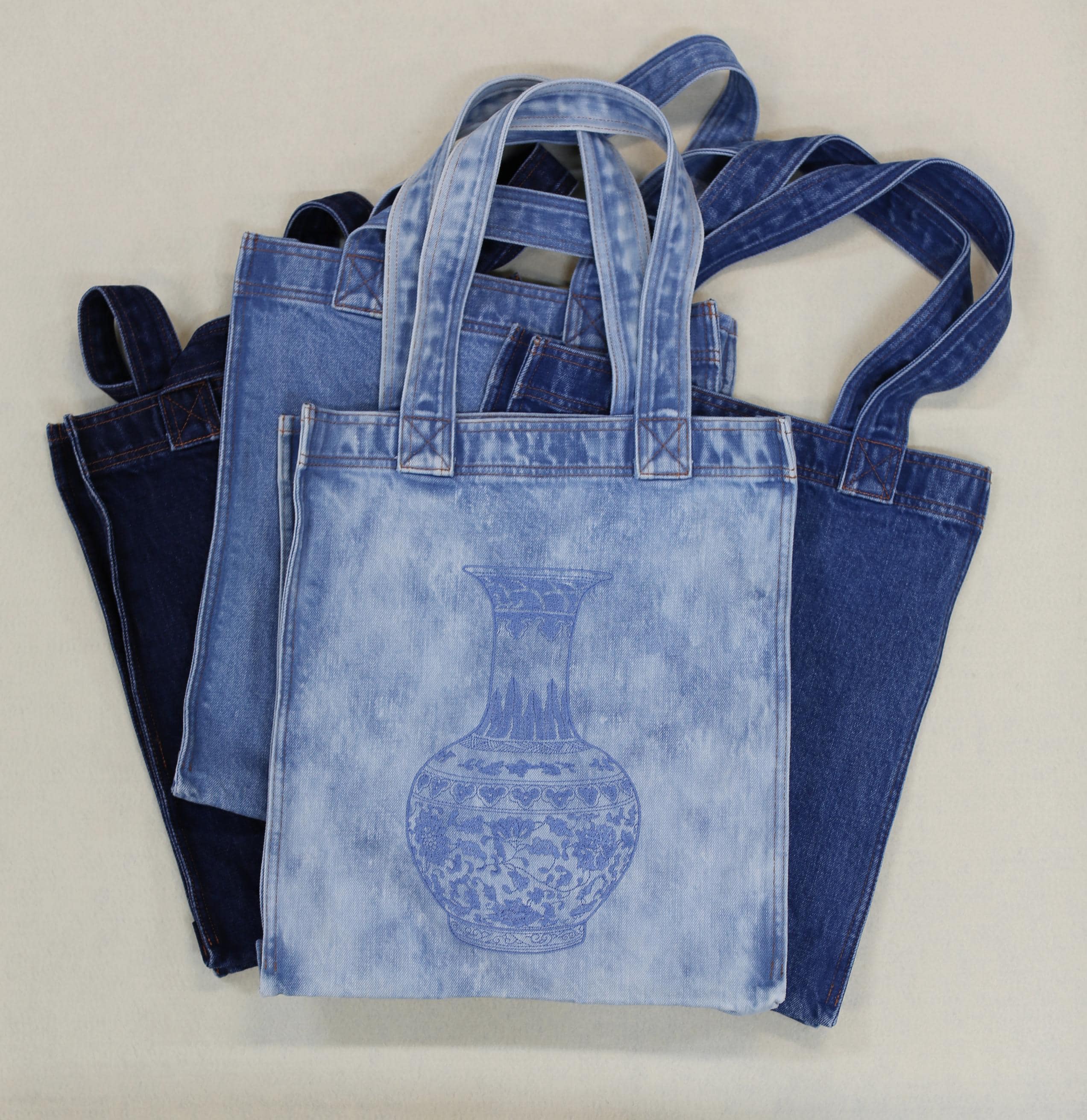 Washed Denim Tote Bag with Chinese Porcelain Embroidery – 100% Cotton Canvas Bag