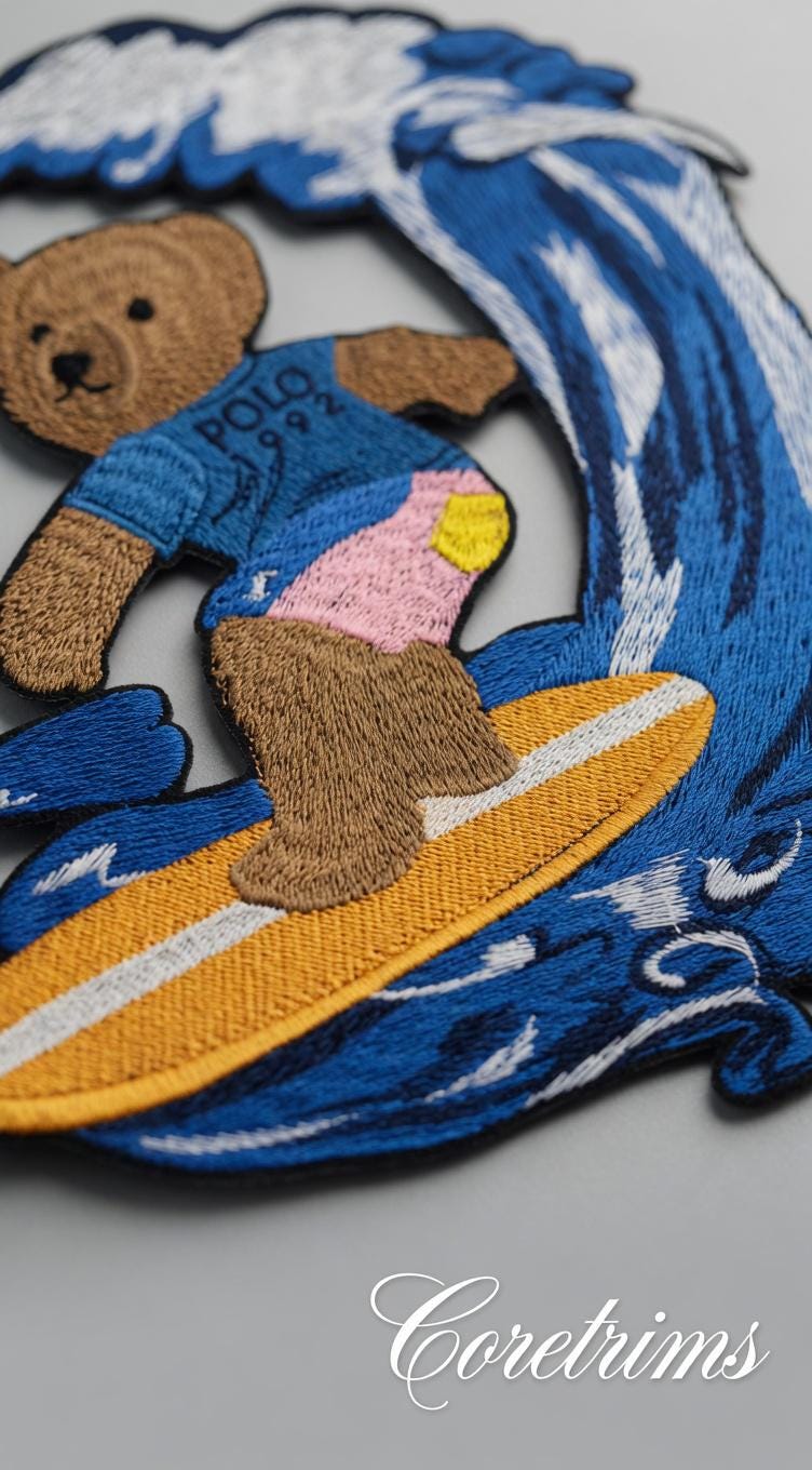 Vintage Polo Style 1992 Surfing Teddy Bear Embroidered Patch – Large Wave Rider Iron On Jacket