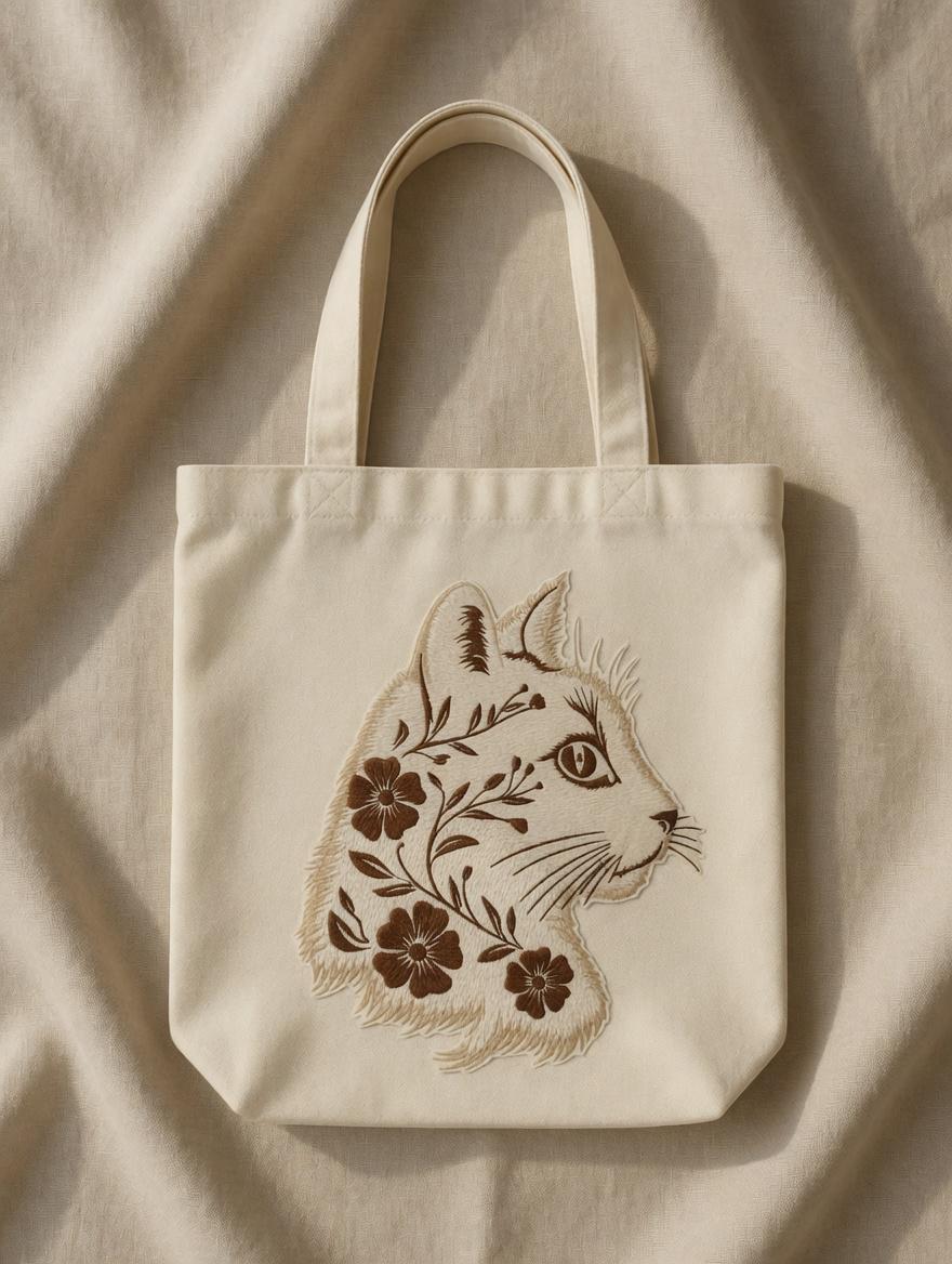 Custom Embroidered Cat Floral Tote Bag, Artistic Animal Canvas Shoulder Bag