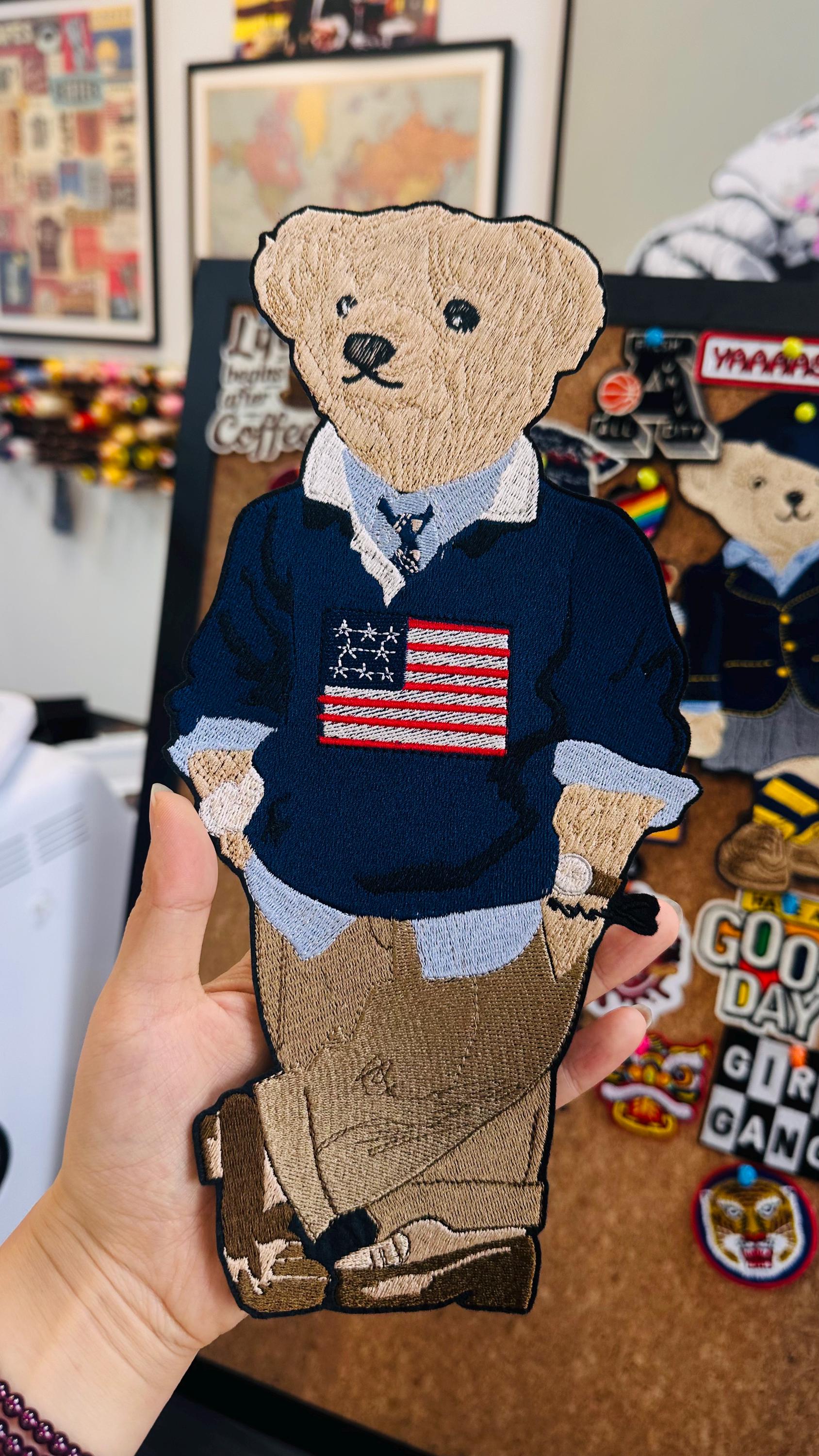 Polo Bear Embroidered Patch – USA, France, UK, Germany Flags (Sew On/Iron On)