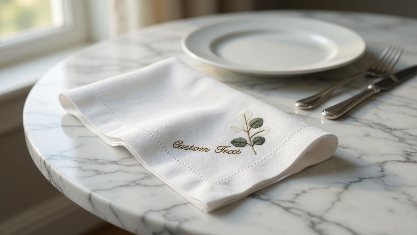 Custom Embroidered Linen Napkin | Botanical Eucalyptus Leaf Design, Personalized Text set of 2 pcs