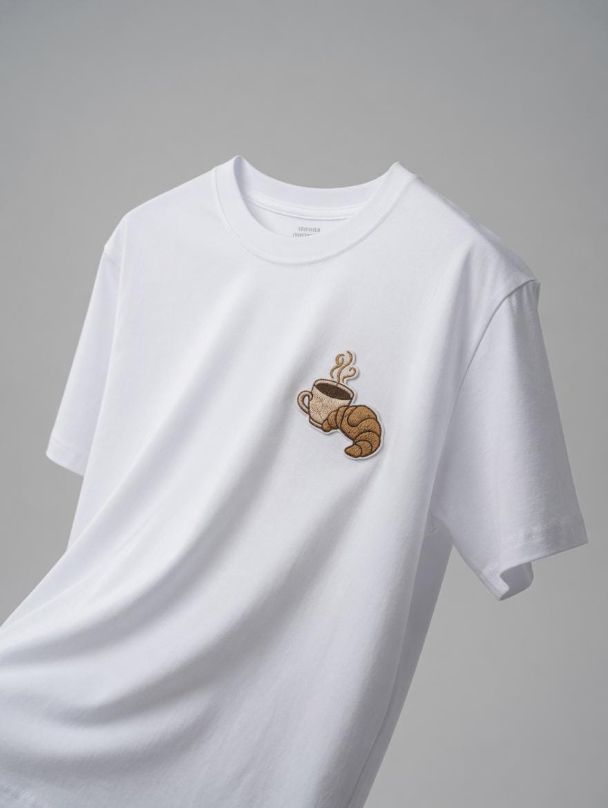 Embroidered Coffee Croissant T-Shirt | Breakfast Foodie Morning Tee