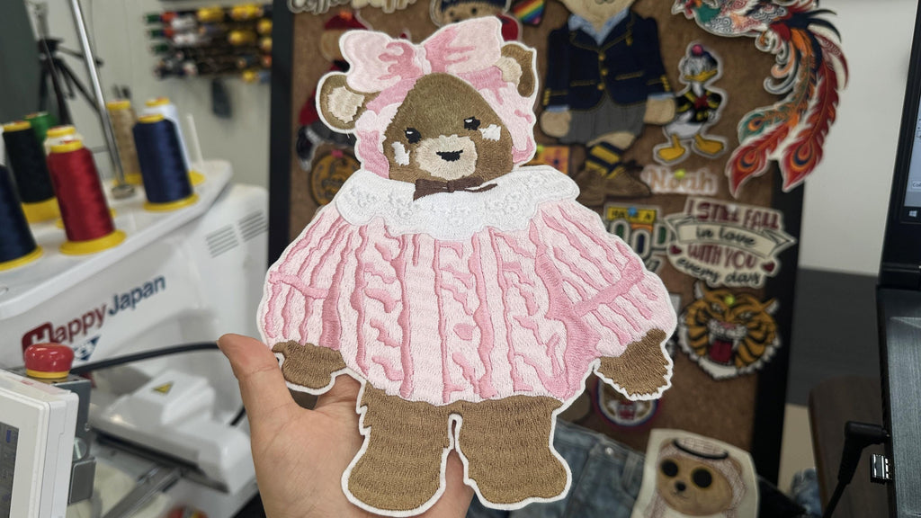 Hand Embroidered Teddy Bear Patch – Pink Frilly Baby Dress Applique (Sew On/Iron On)