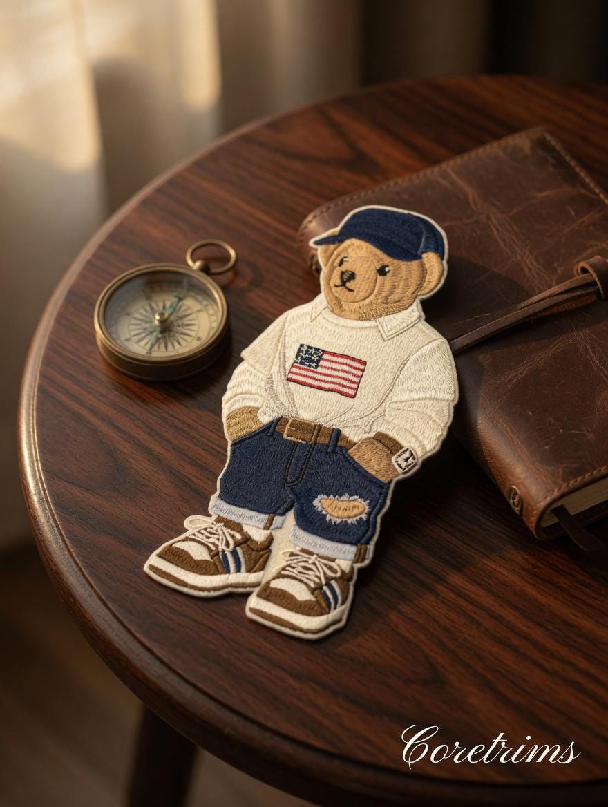 Monogram Preppy Teddy Bear Patch – American Flag Polo, Ripped Denim Shorts & Cap Embroidered Iron-On Appliqué