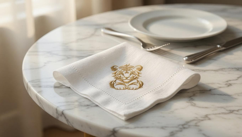 Custom Embroidered Tiger Linen Napkin | Gold Thread Animal Portrait Dinner Napkin Set of 2