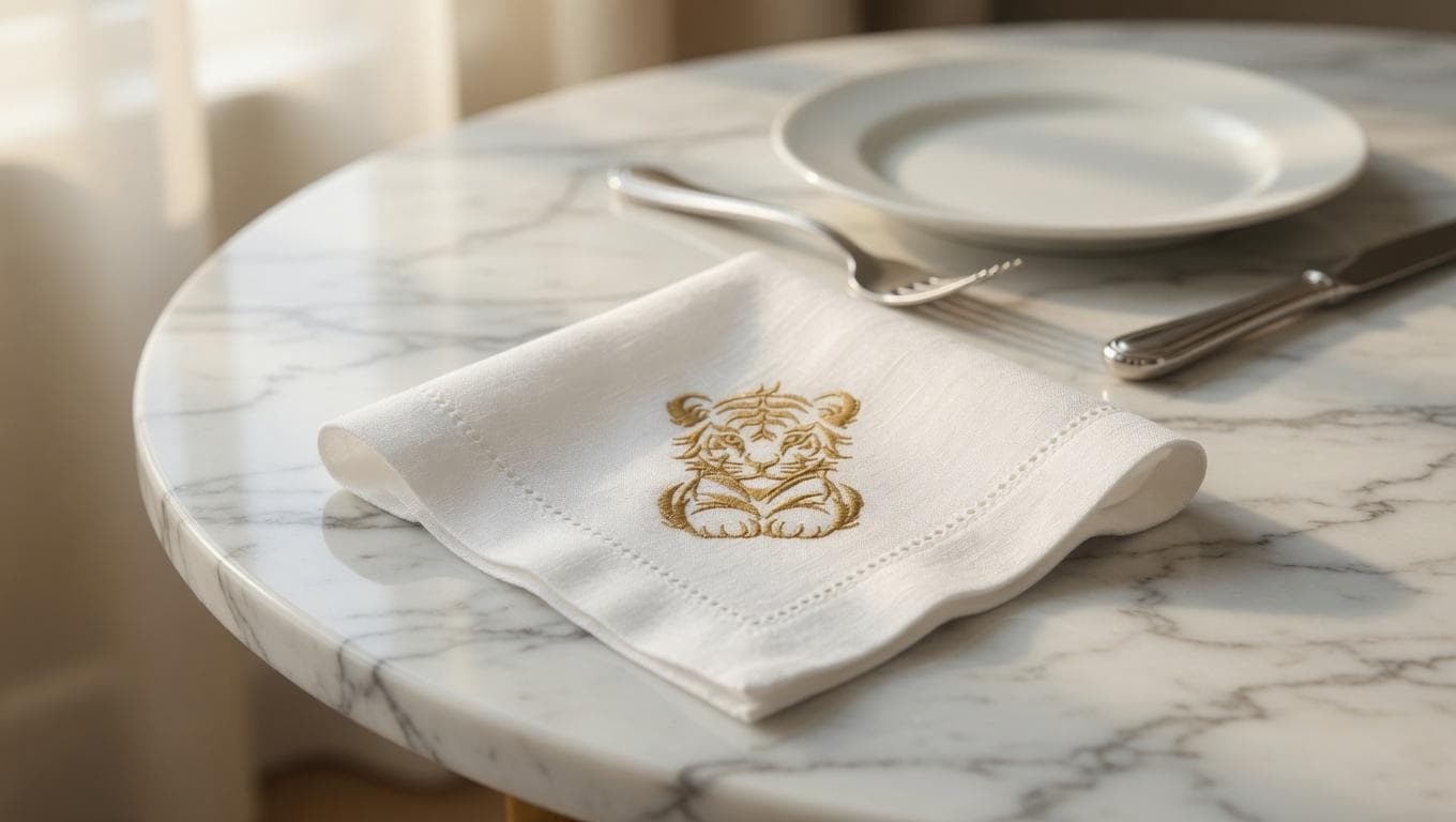 Custom Embroidered Tiger Linen Napkin | Gold Thread Animal Portrait Dinner Napkin Set of 2