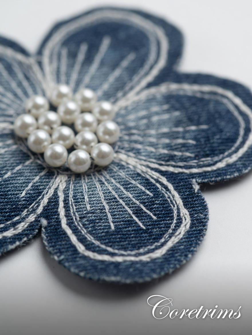Denim Flower Patch with Pearl Center – Embroidered Appliqué, White Stitching, Sew-On Fabric Badge