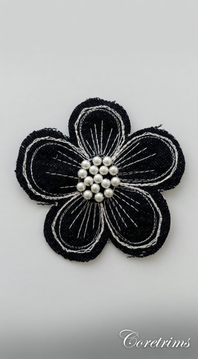 Denim Flower Patch with Pearl Center – Embroidered Appliqué, White Stitching, Sew-On Fabric Badge