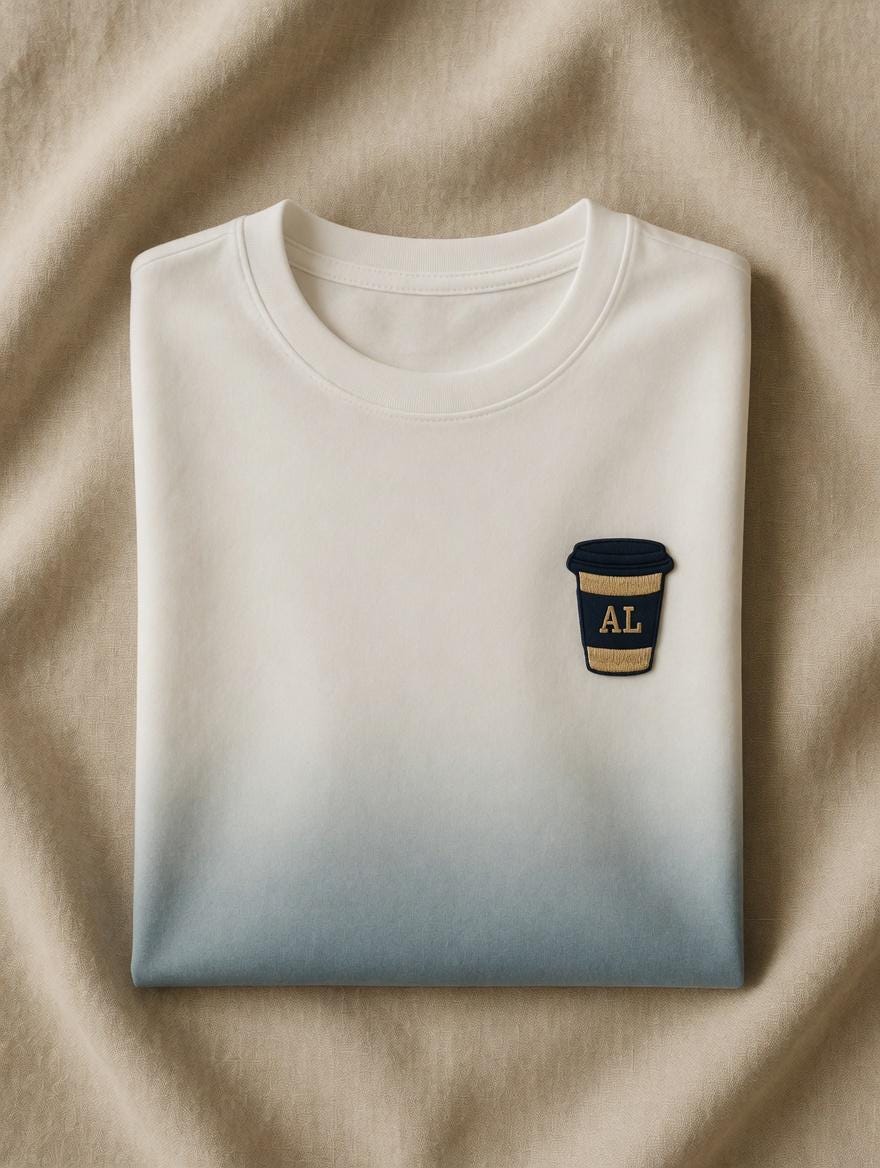 Custom Embroidered Coffee Cup T-Shirt: Minimalist Navy & Gold "AL" Design