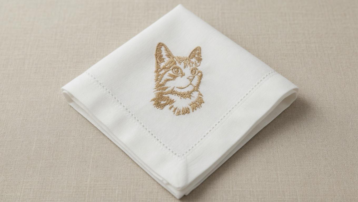Embroidered Cat Portrait Linen Napkin – Custom Pet Lover Wedding Decor Set of 2 pcs