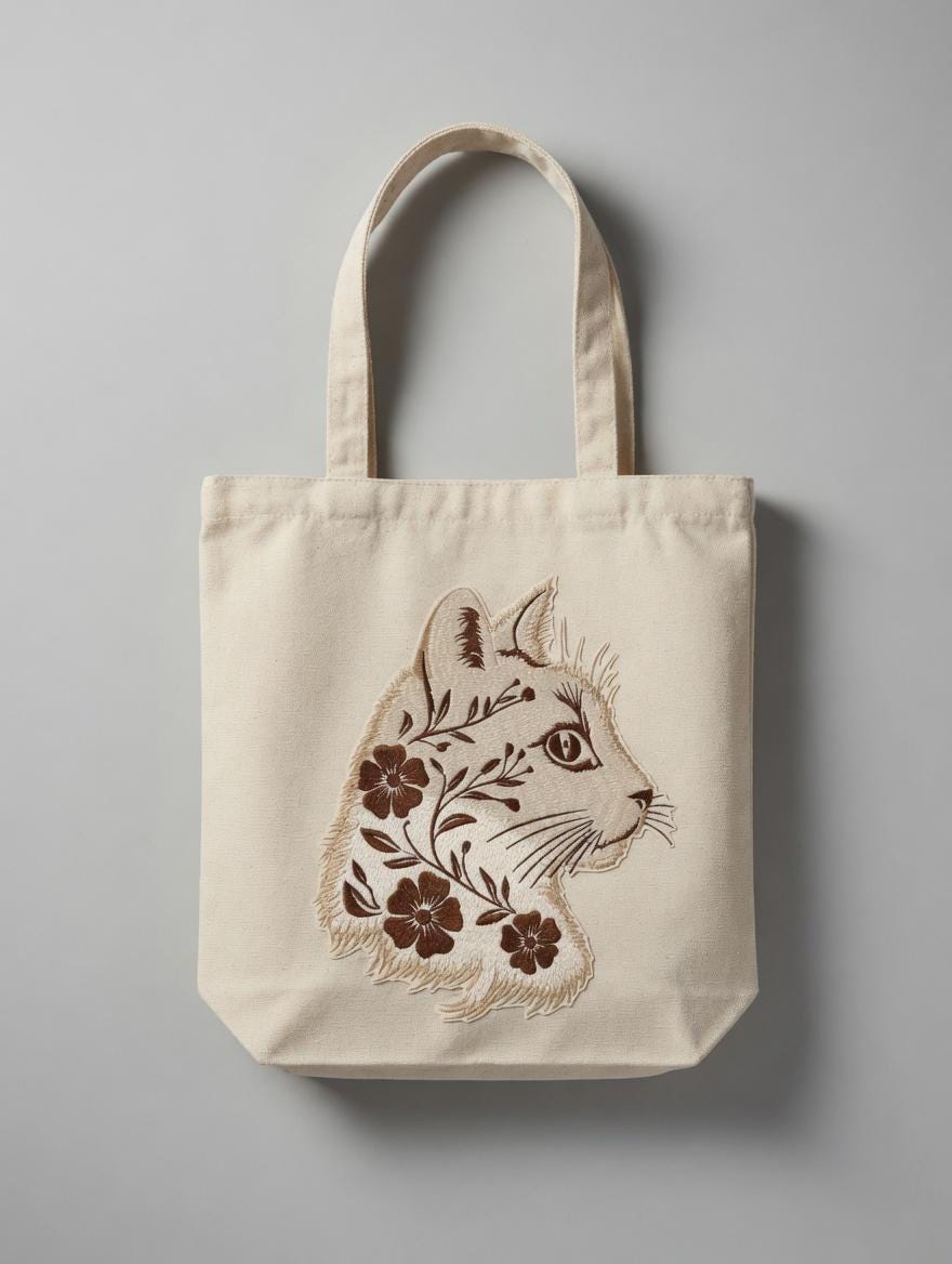 Custom Embroidered Cat Floral Tote Bag, Artistic Animal Canvas Shoulder Bag