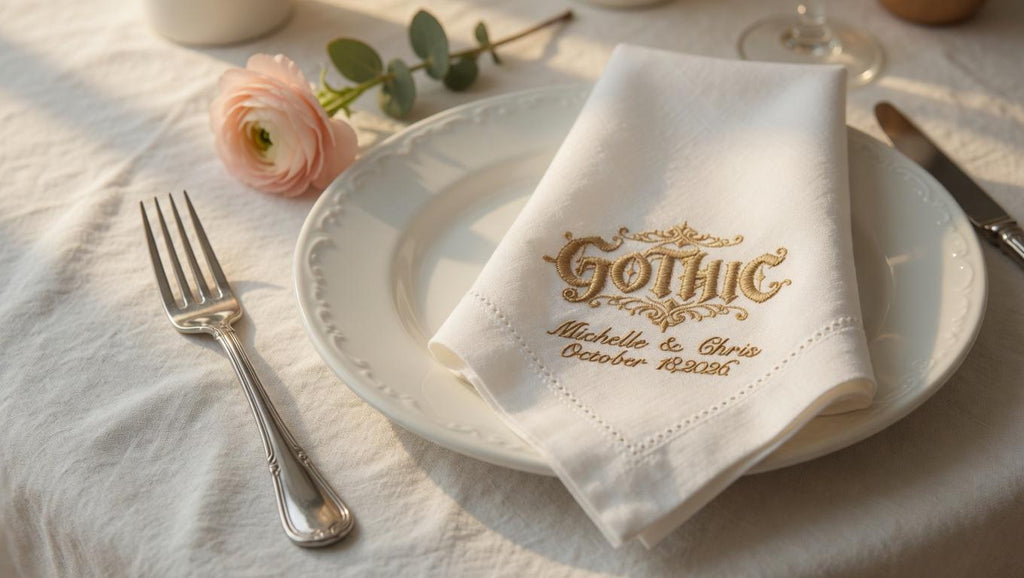 Custom Embroidered Linen Wedding Napkin | Gothic Monogram, Couple Names & Date