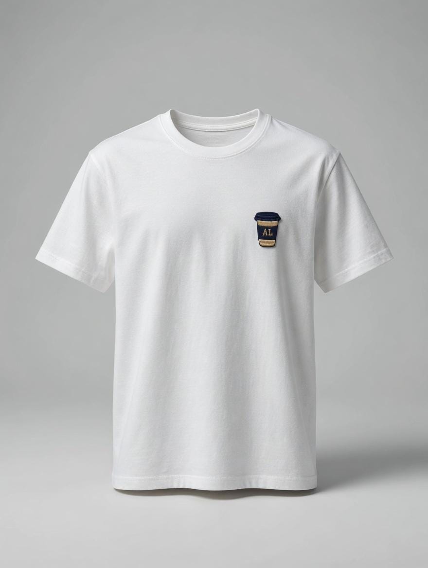 Custom Embroidered Coffee Cup T-Shirt: Minimalist Navy & Gold "AL" Design