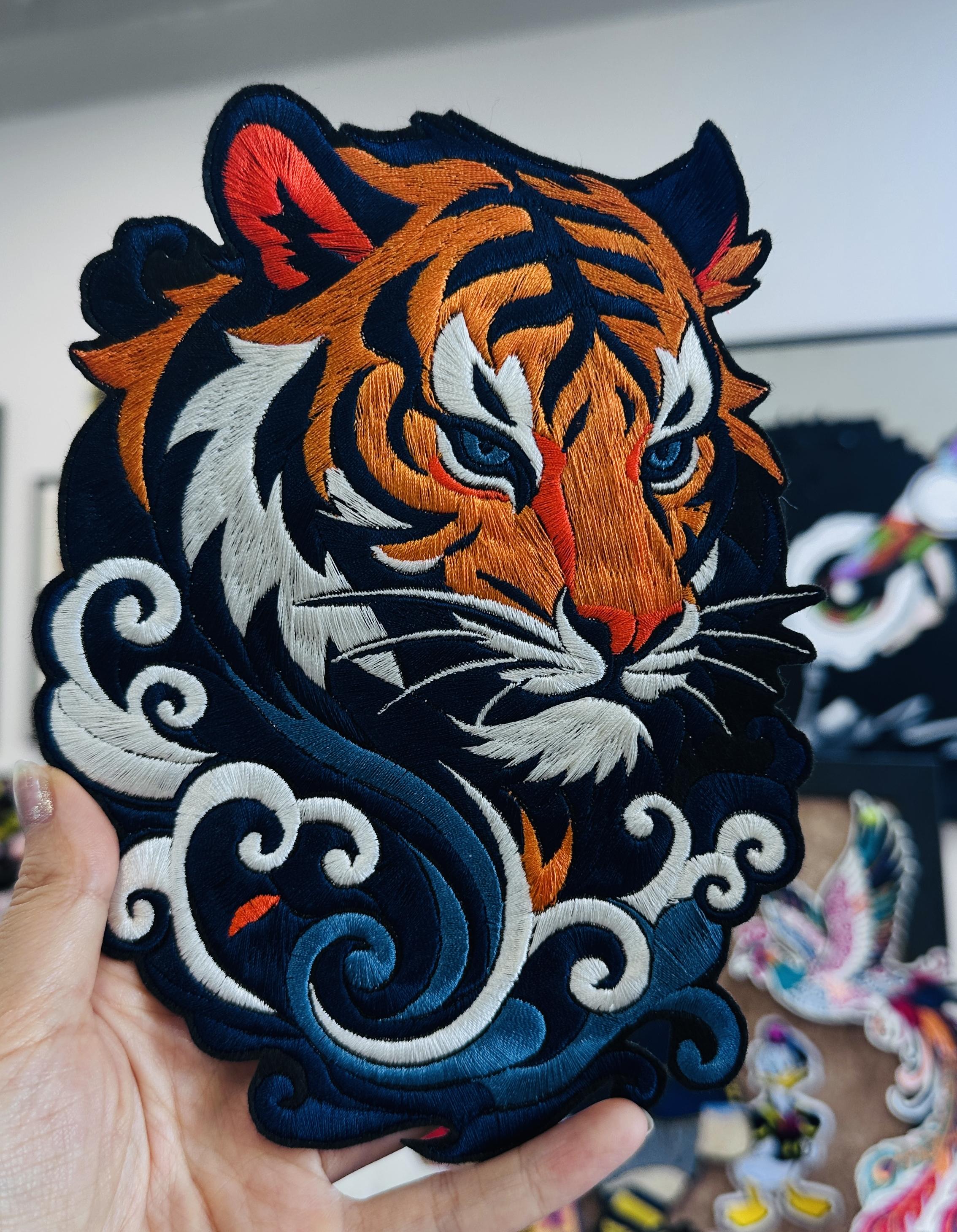 Embroidered Tiger Head Patch – Swirling Clouds Waves, Sew/Iron On Badge