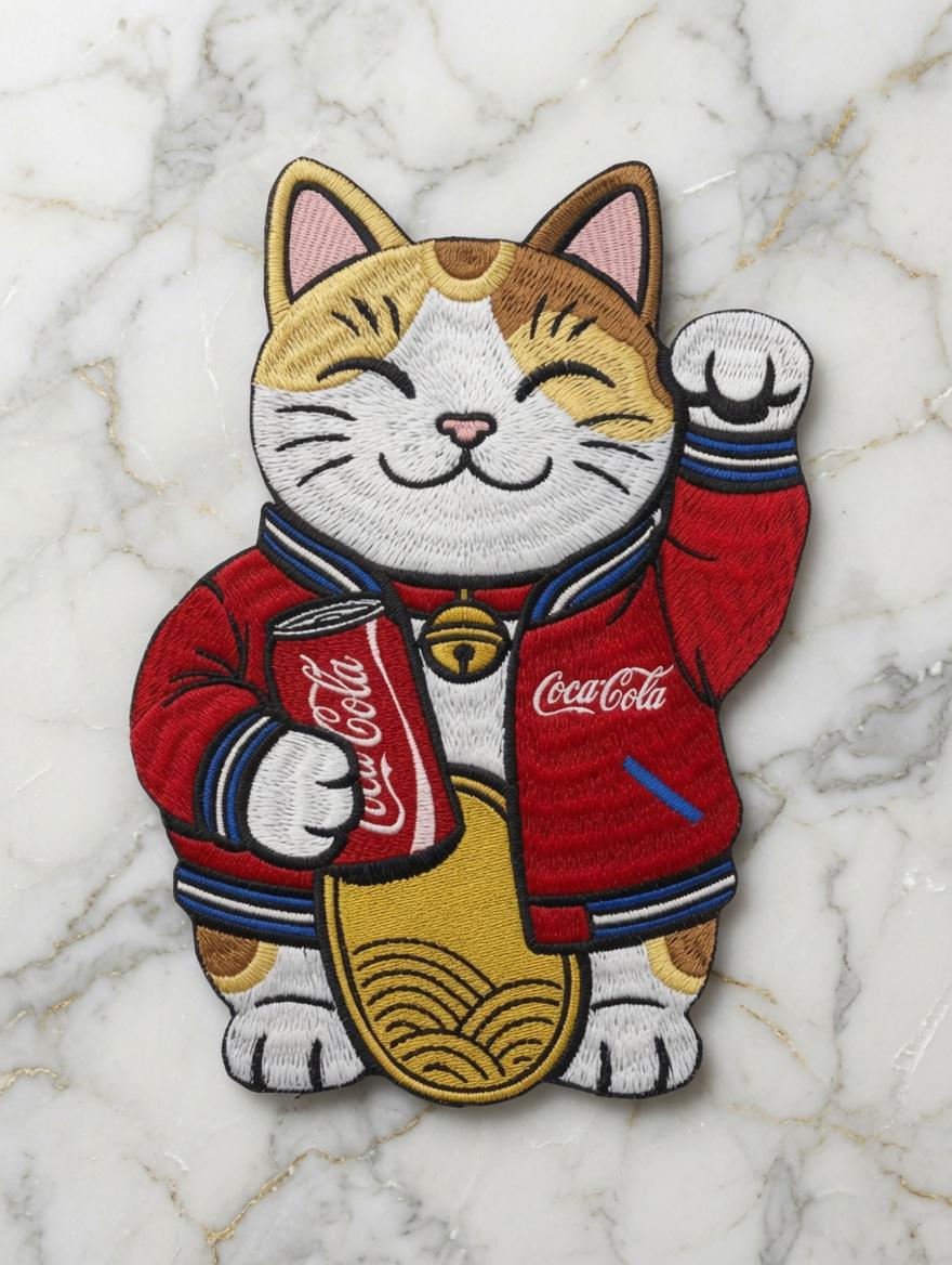 Custom Embroidered Lucky Cat Patch Maneki-neko Coca-Cola Iron-On Patch Fortune Cat Applique Gift Made to Order
