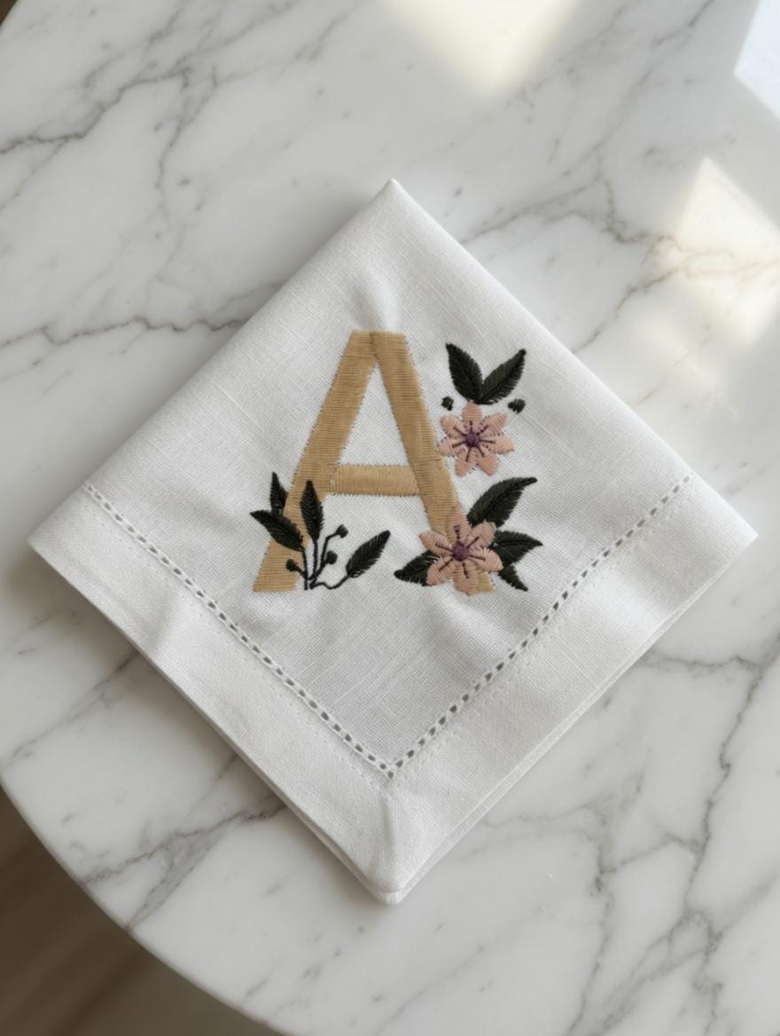 Embroidered Linen Napkin | Floral Monogram Letter A, Pink Flowers, Wedding Decor