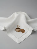 Embroidered Coffee Croissant Linen Napkin | White Hemstitch Table Decor