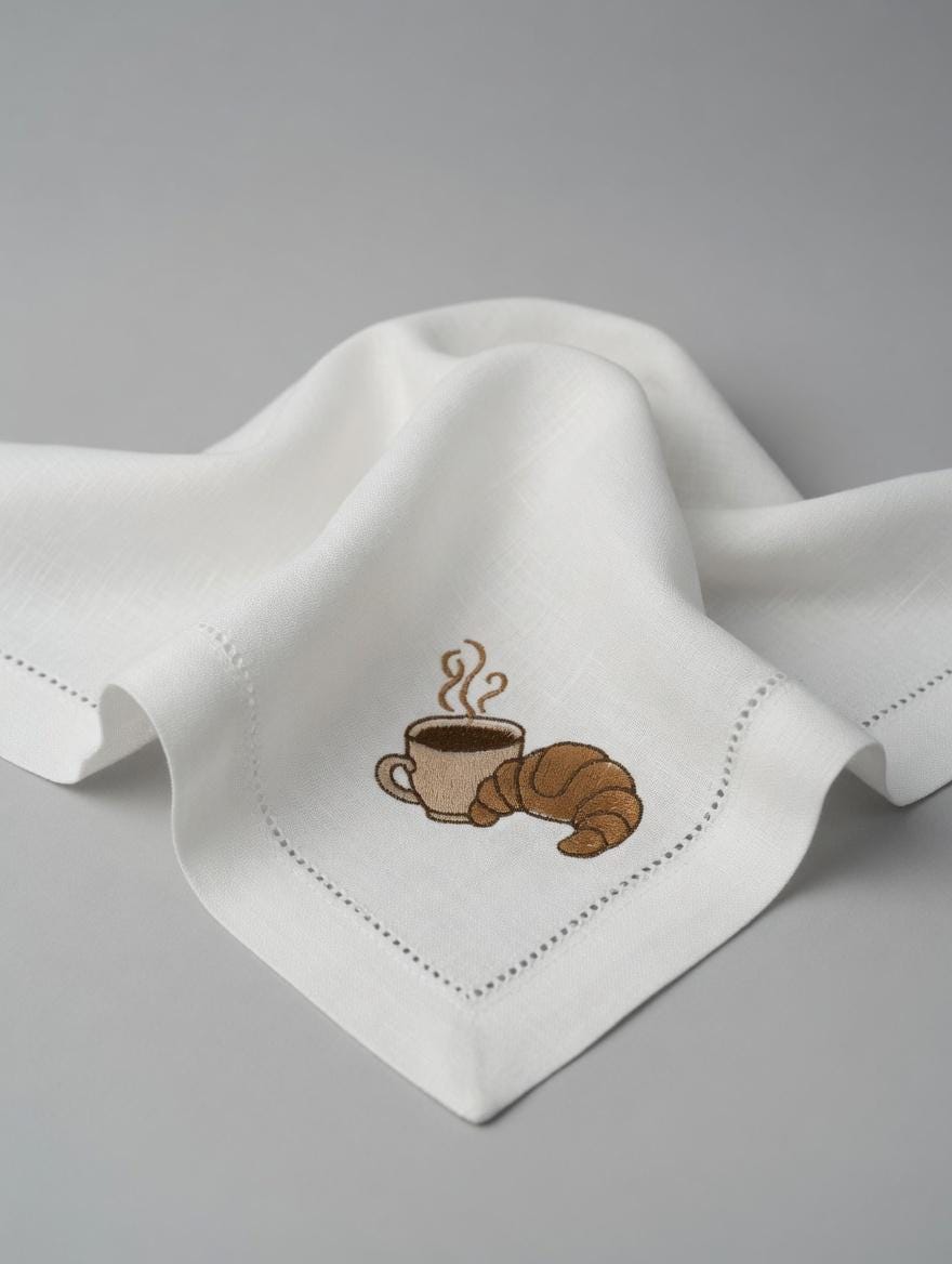 Embroidered Coffee Croissant Linen Napkin | White Hemstitch Table Decor