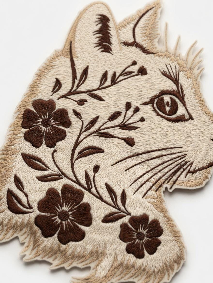 Custom Embroidered Cat Floral Tote Bag, Artistic Animal Canvas Shoulder Bag