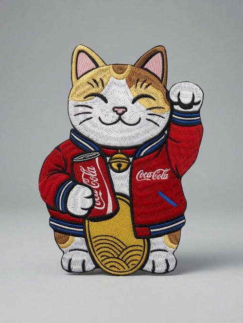 Custom Embroidered Lucky Cat Patch Maneki-neko Coca-Cola Iron-On Patch Fortune Cat Applique Gift Made to Order