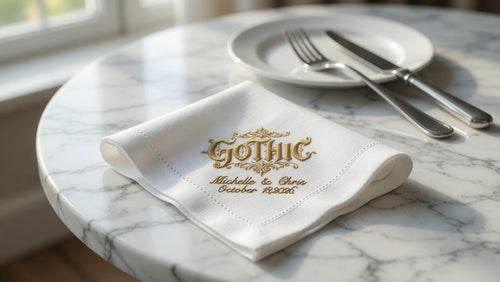 Custom Embroidered Linen Wedding Napkin | Gothic Monogram, Couple Names & Date