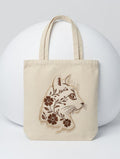Custom Embroidered Cat Floral Tote Bag, Artistic Animal Canvas Shoulder Bag