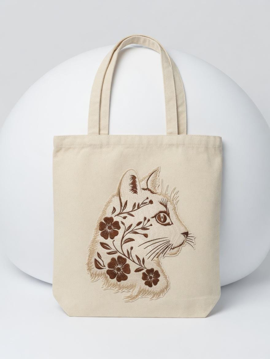 Custom Embroidered Cat Floral Tote Bag, Artistic Animal Canvas Shoulder Bag