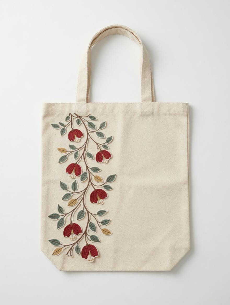 Custom Embroidered Floral Tote Bag – Red Flower Vine Canvas Shoulder Bag