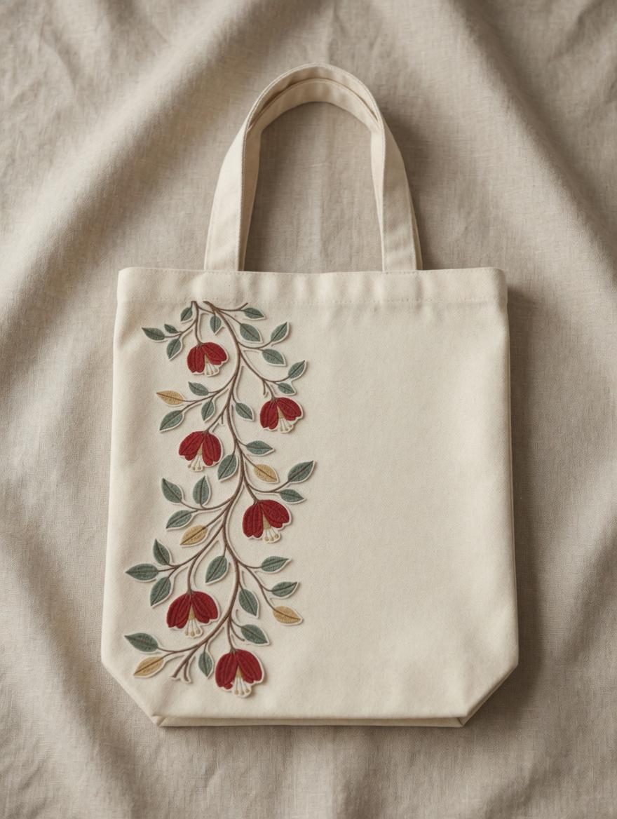 Custom Embroidered Floral Tote Bag – Red Flower Vine Canvas Shoulder Bag