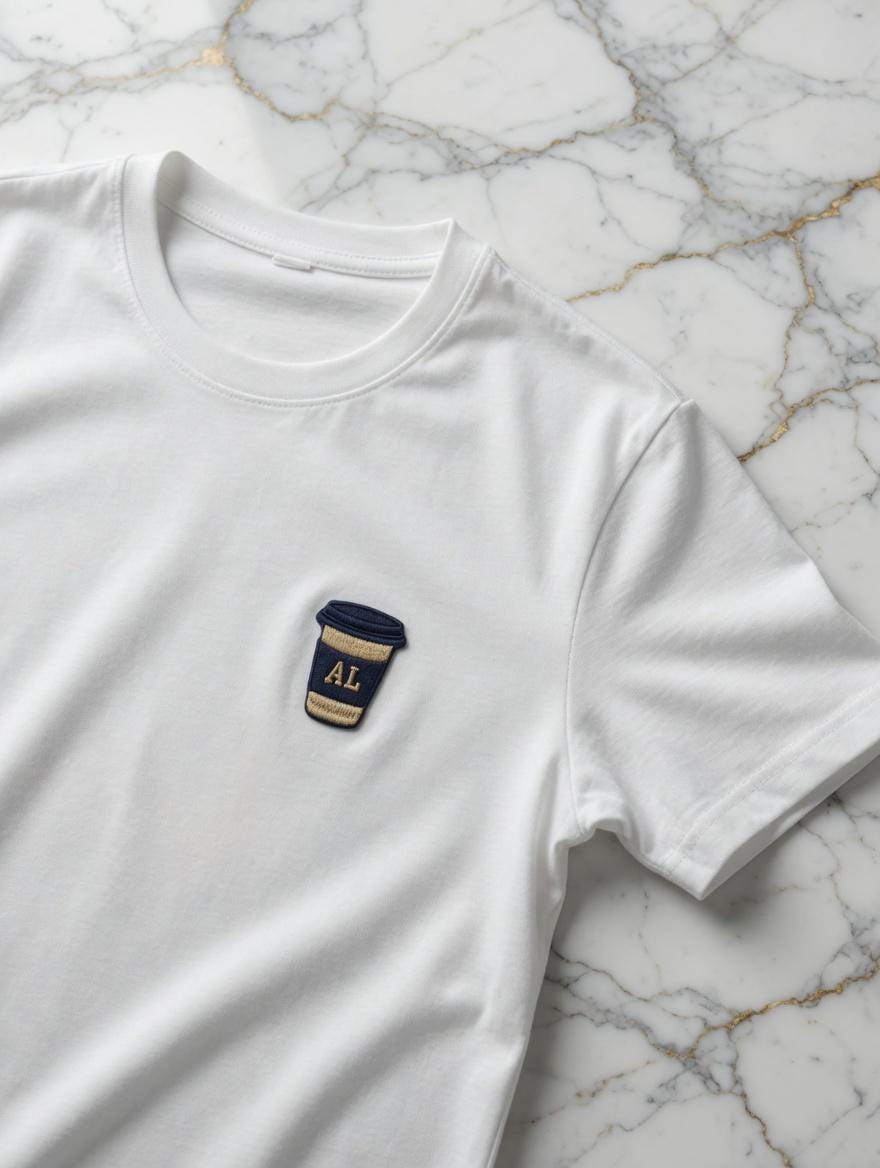 Custom Embroidered Coffee Cup T-Shirt: Minimalist Navy & Gold "AL" Design