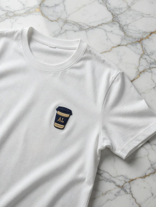 Custom Embroidered Coffee Cup T-Shirt: Minimalist Navy & Gold "AL" Design