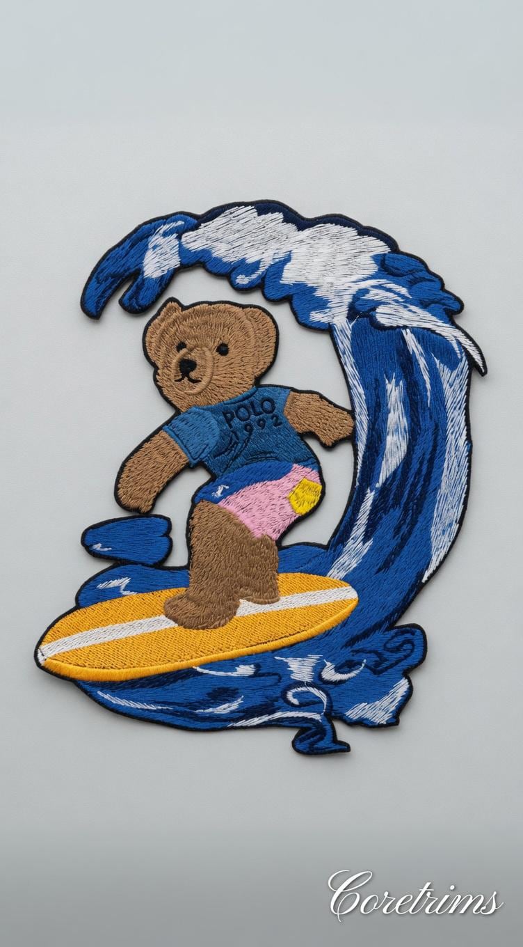 Vintage Polo Style 1992 Surfing Teddy Bear Embroidered Patch – Large Wave Rider Iron On Jacket