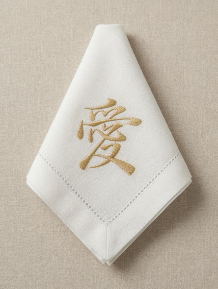 Set of 2 Embroidered Linen Napkins | Gold Chinese Character "愛" (Love) | Wedding Table Decor