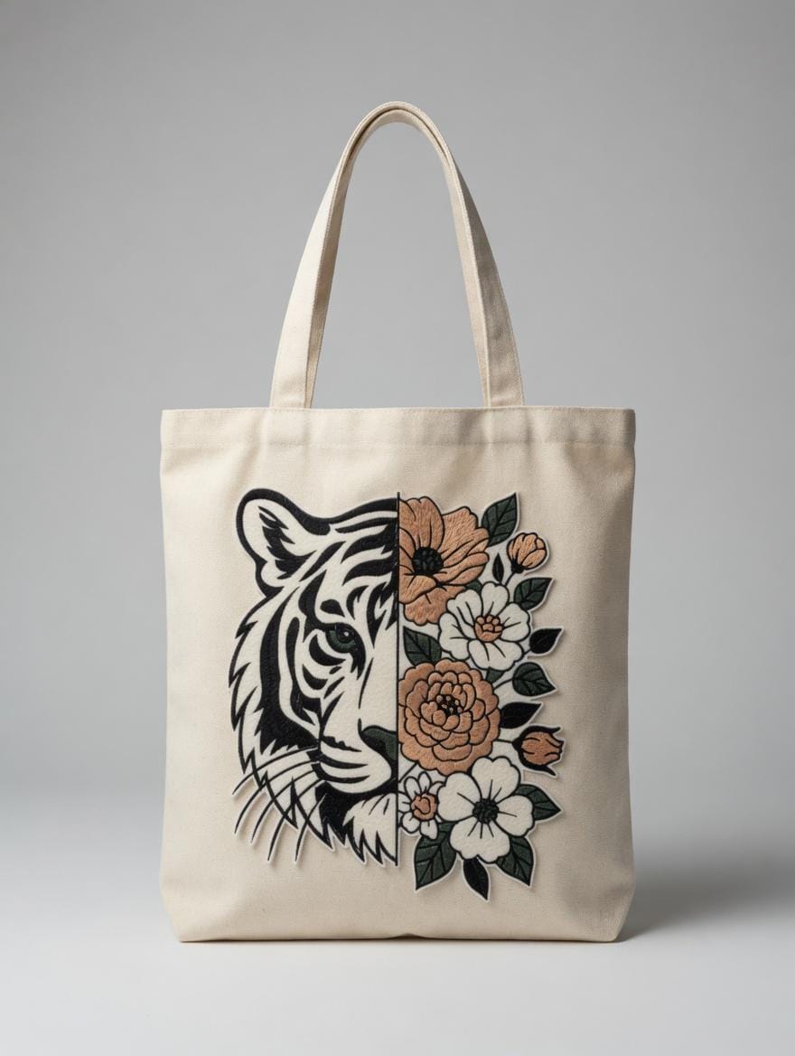 Embroidered Tiger Floral Tote Bag: Artistic Canvas Shoulder Bag