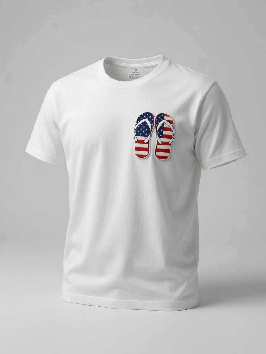 July 4 Independence Day Gift Embroidered American Flag Flip-Flops T-Shirt | Patriotic Summer Cotton Tee