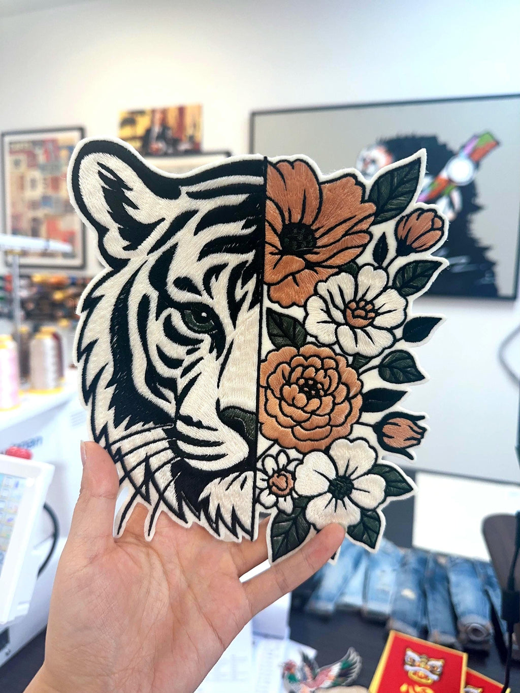 Hand Embroidered Tiger Floral Patch: Sew On/Iron On Applique