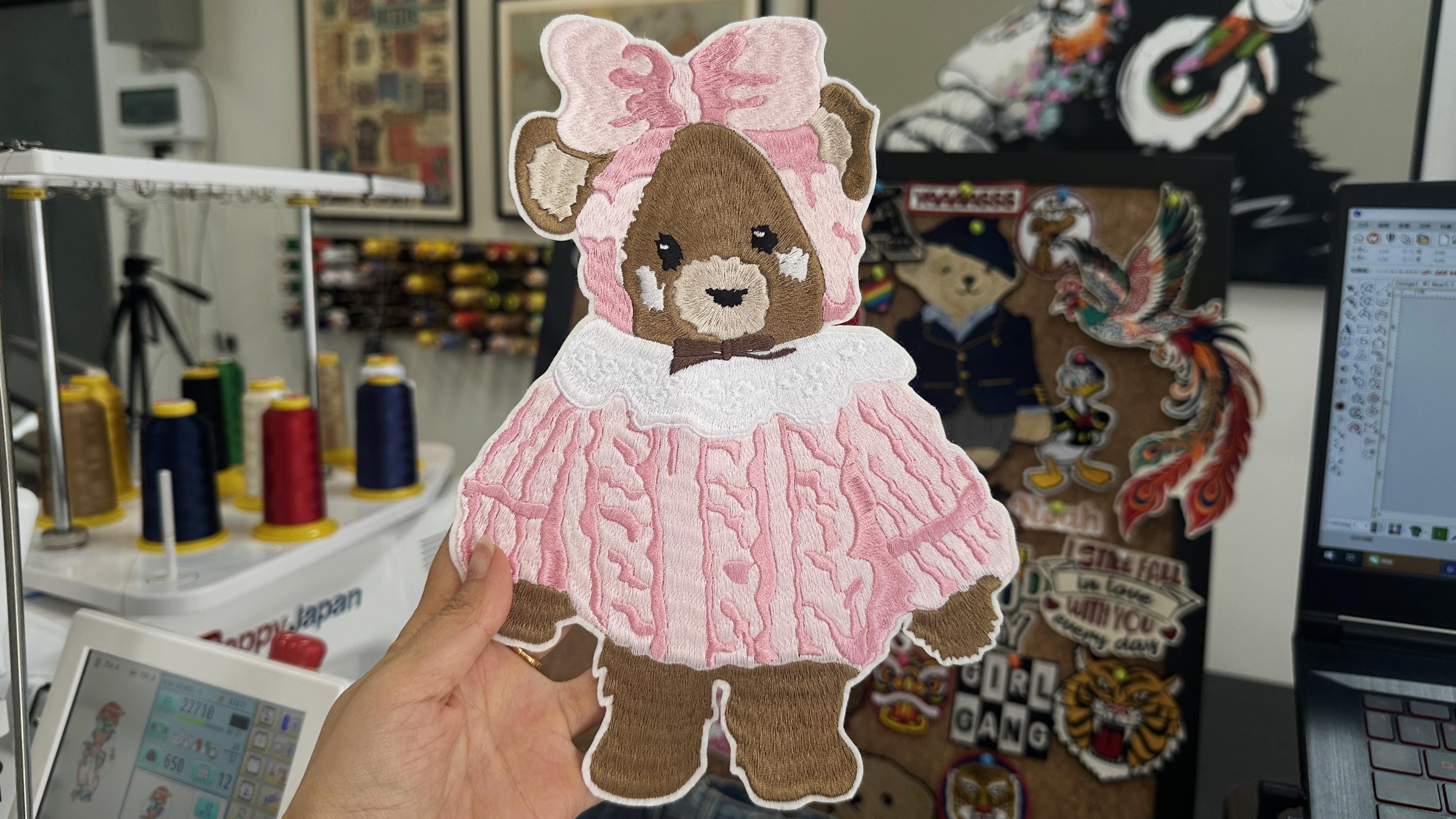 Hand Embroidered Teddy Bear Patch – Pink Frilly Baby Dress Applique (Sew On/Iron On)