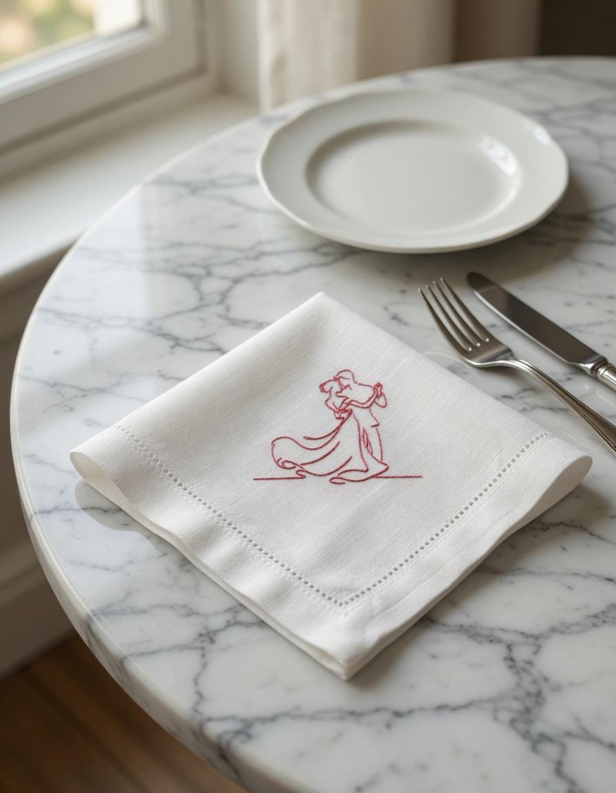 Embroidered Linen Napkins | Romantic Dancing Couple Design, Wedding Anniversary Elegance Set of 2 pcs