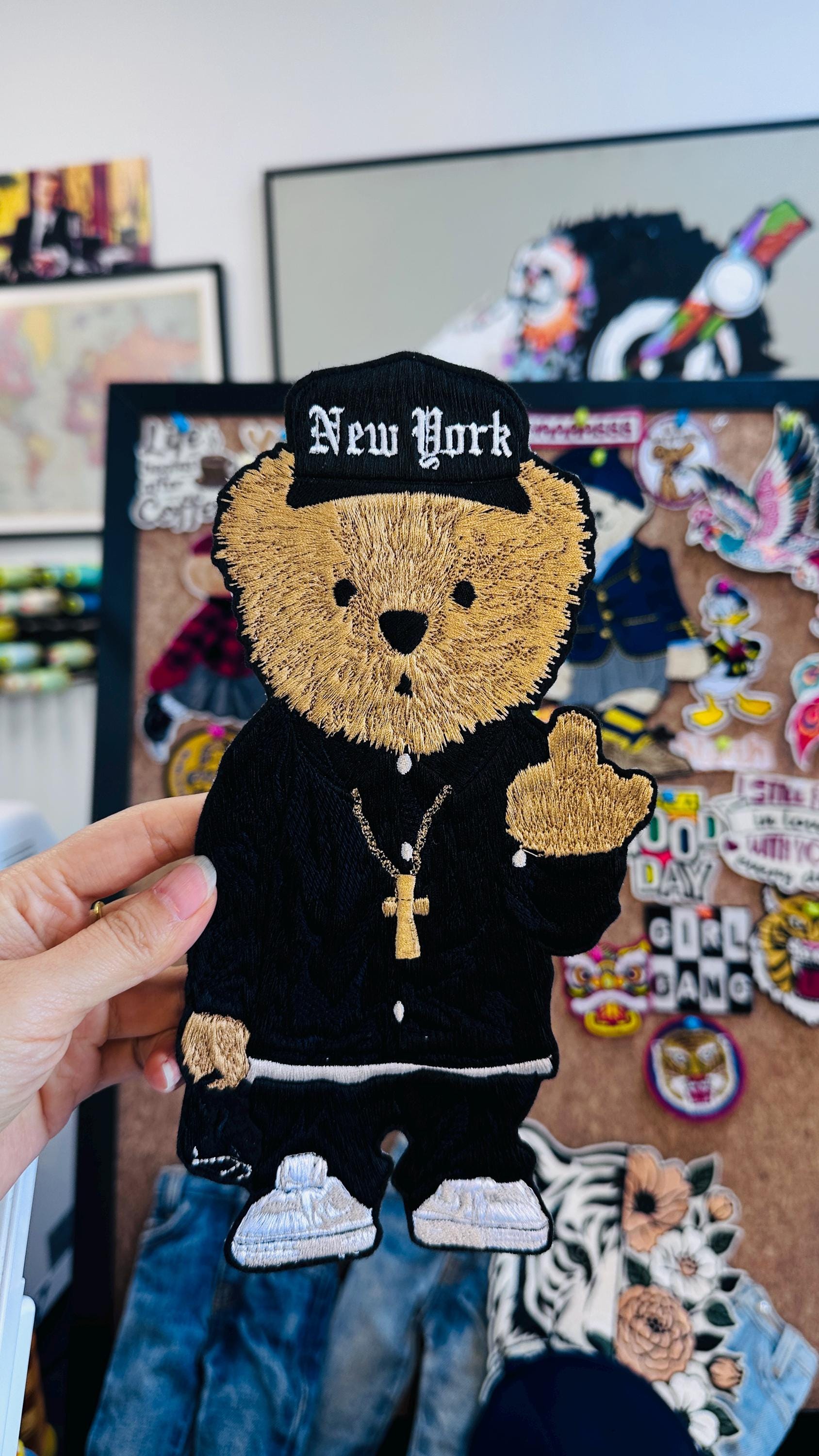 Hand Embroidered Teddy Bear Patch, New York Hip Hop Bear, Iron On Sweatshirt Hoodie